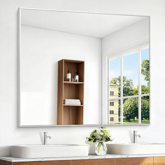BONEWEI Silver Bathroom Mirror,40x48 inch Wall Mirror for Bathroom Wall Mounted,Large Rectangle Mirror for Bathroom Over Sink,Modern Metal Frame for Living Room,Bedroom Entryway,Horizontal/Vertical