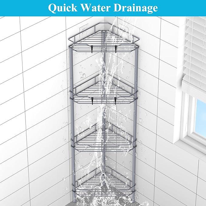 4 Tier Floor Standing Corner Shower Caddy Organizer Shelf with Hooks, Bathroom Shelves Stand Rack, Dark Gray - ModernBath