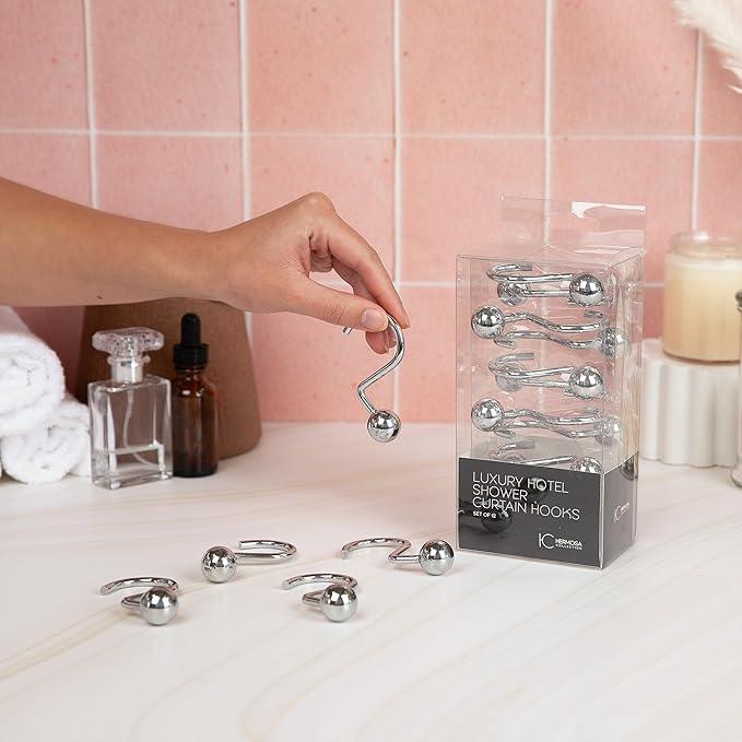 Hermosa Collection Luxury S Shower Curtain Hooks (12-Pack) Hotel Quality Silver Chrome Finish | Bathroom Accessories | Non-Slip Ball End | Easy to Hang - ModernBath