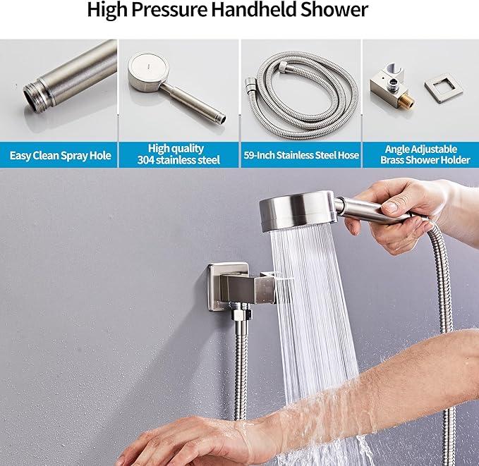 RTTWYYUU Brushed Nickel Shower Tub Faucet Set, Wall Mounted 8 Inch Shower Heads with Handheld Spray Combo and Tub Shower Faucet, Luxury Bathroom Square Rain Shower System - 4 Hooks - ModernBath