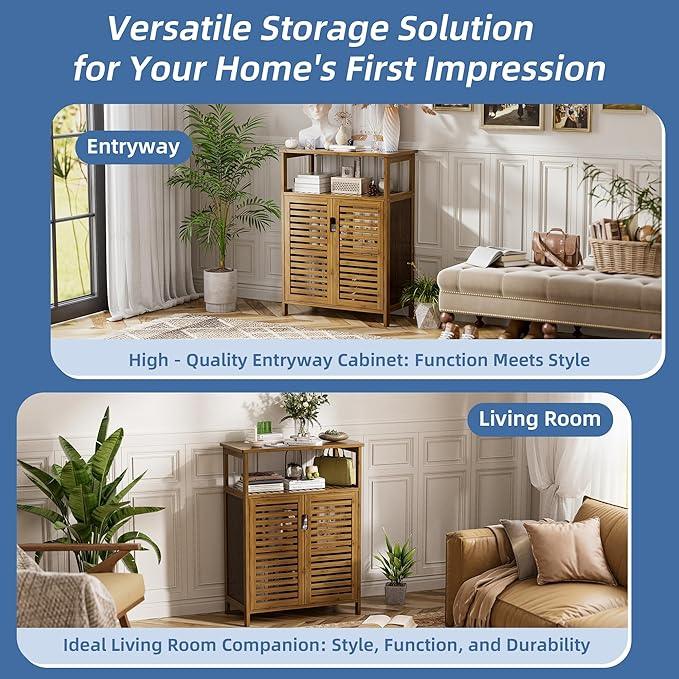 HITNET Walnut Bathroom Floor Cabinet, Bamboo Side Tall Storage Organizer, Freestanding Kitchen Cupboard with Door and Shelf - ModernBath