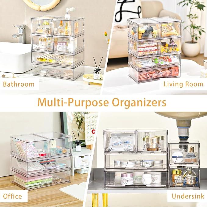 Stebopum 4 Pack Stackable Storage Drawers Clear Acrylic Organizer Bathroom Makeup Organizer and Storage for Beauty Supplies,Ideal for Vanity, Bathroom,Cabinet,Pantry Organization - ModernBath