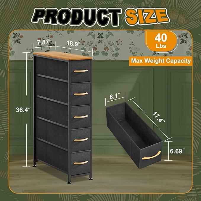 Narrow Dresser Storage Tower with 5 Drawers, Slim Dresser Chest of Drawers with Steel Frame, Wood Top, Dresser for Bedroom, Bathroom, Small Spaces, Laundry, Closet, Black - ModernBath