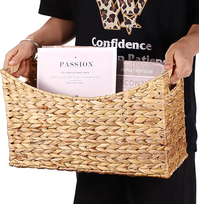 BTSKY Woven Magazine Holder, Water Hyacinth Magazine Basket, Natural Storage Basket Bin for Books & Files, Bathroom Magazine Rack with Built-in-Handle for Home, Office & Desk - 17x6.5x9.8 Inch - ModernBath