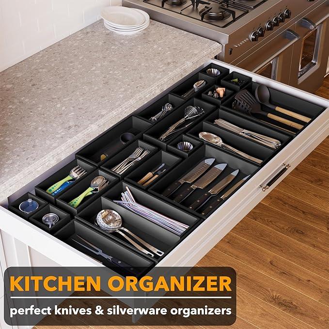 SpaceAid 21-Piece Bamboo Drawer Organizer Storage Boxes Set, Wood Tray Junk Drawer Organizers Multi-Use Divider Bins for Kitchen, Bathroom, Office Desk and Makeup Organization (21 Pack, Black) - ModernBath