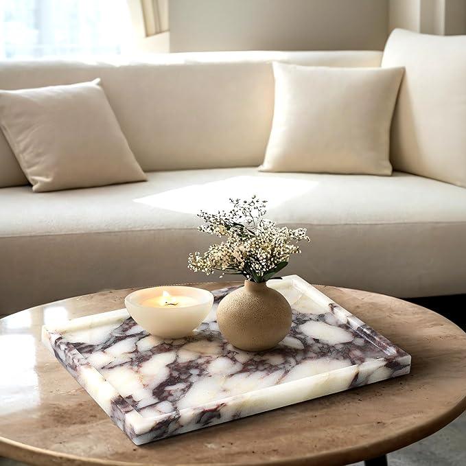 YMXYJM 100% Real Luxury Natural Marble Vanity Tray Genuine Calacatta Viola Marble Stone Storage Trays for Home Decor Bathroom Vanity Dresser Kitchen, Non-Resin/Non-Ceramic, 11.7" x 7.8" - ModernBath
