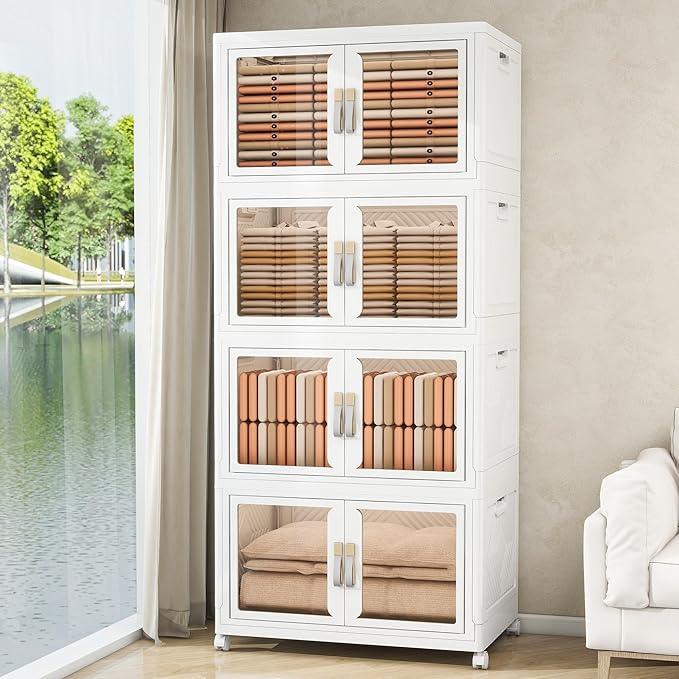 Large Stackable Storage Bins with Lids, 660QT-165QT*4Tier Foldable Cabinet for Closet Organizers, Plastic Storage Containers Box with Wheels - ModernBath