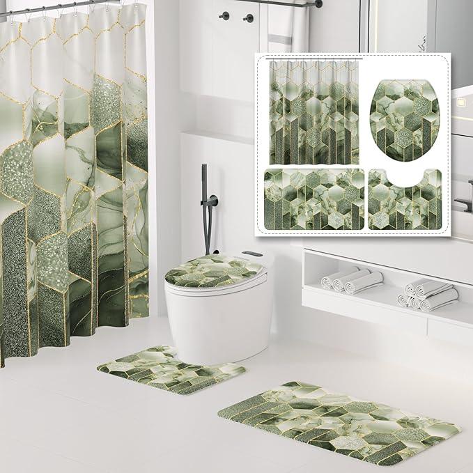XLHOMO Bathroom Sets with Shower Curtain and Rugs - 4PC Sage Green Geometric Shower Curtain Set with 12 Hooks, Toilet Cover, U-Shaped Mat and Rugs Modern Abstract Bathroom Accessories for Bathroom - ModernBath
