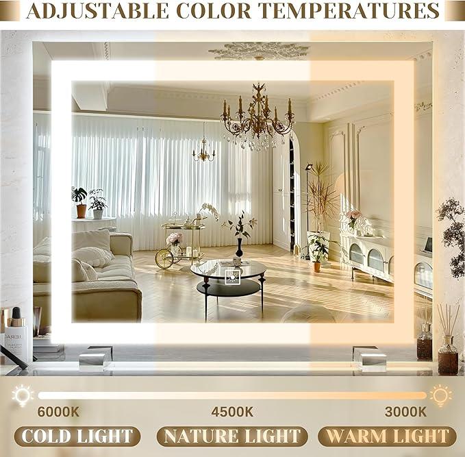 ROLOVE 22x20 Inch Lighted Vanity Mirror, 3-Mode Touch Dimming LED Lighting, Large Makeup Mirror for Dressing Room, Tabletop or Wall-Mounted, White - ModernBath