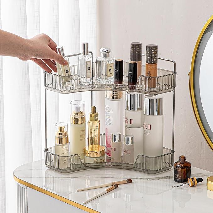 shuang qing 2-Tier Corner Bathroom Counter Organizer – Classic Storage Shelf for Makeup, Perfume & Toiletries, Space-Saving Countertop Tray Fits Bathroom, Dresser, Kitchen (Slate Gray) - ModernBath