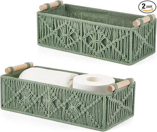 Mkono Macrame Storage Baskets Boho Decor Box Handmade Woven Decorative Countertop Toilet Tank Shelf Cabinet Organizer for Bedroom Livingroom Home, Set of 2, Green