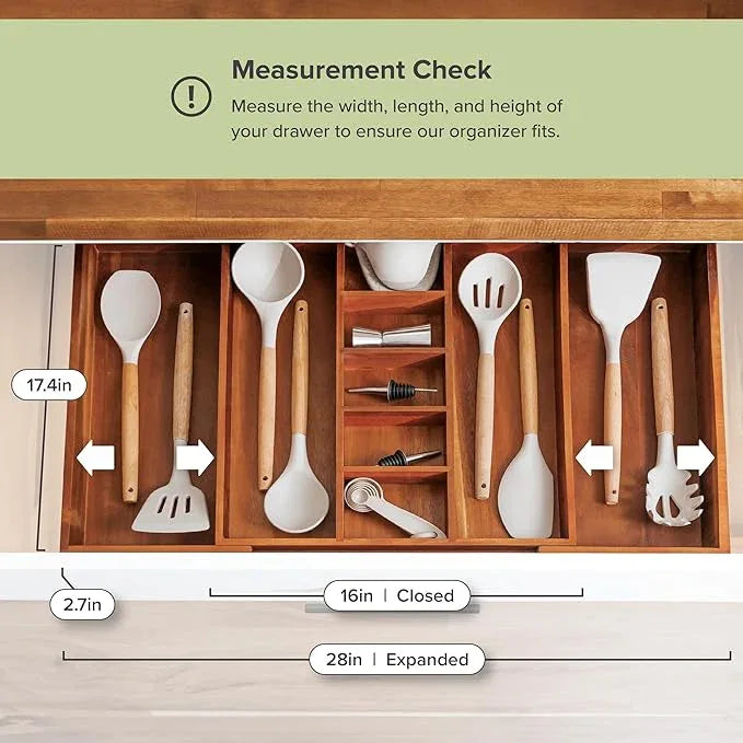 KitchenEdge Adjustable Kitchen Drawer Organizer for Utensils and Junk, Food-Safe Contract Grade with 100% Sustainable Wood, Non-Slip, Expandable from 16" to 28" Wide - Natural Acacia - ModernBath