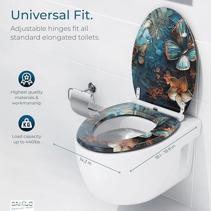 Sanilo Wooden Toilet Seat with Quick Release & Soft Close [ELONGATED] - Decorative & Slow Close Molded Wood Seat - With One Click for Easy Installation & Cleaning - With Adjustable Fit (Mariposa) - ModernBath