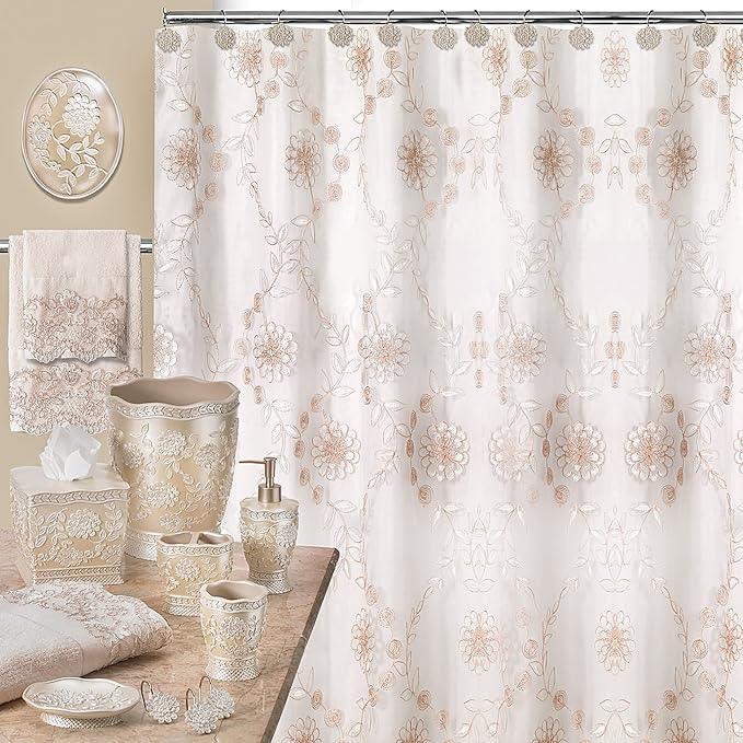 Zahari Home 13pc Rose Vine Bathroom Sheer Shower Curtain Sets Sheer Shower Curtain & 12 Shower Bathroom Hooks Modern Classic Luxury Contemporary Decor Beige Shower Curtain Set - ModernBath