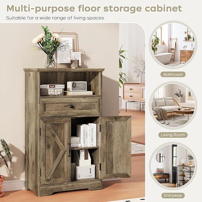 Floor Cabinet, Farmhouse Storage Cabinet with Barn Doors and Drawer, 11.81" D x 23.62" W x 39.37" H Grey Freestanding Adjustable Shelf Organizer for Bathroom, Kitchen, Living Room - ModernBath