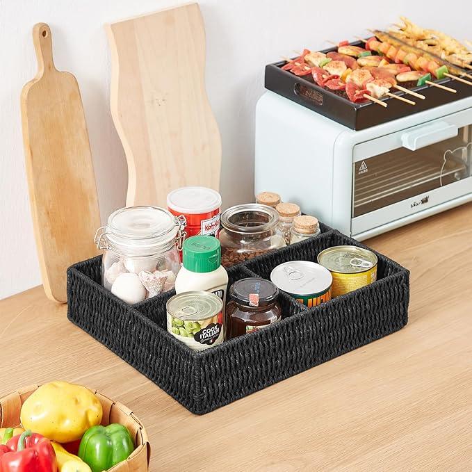 Vagusicc Wicker Divided Storage Basket, Black Wicker Baskets, Basket for Shelves Drawer Organizing, 3 Section Rectangular Woven Storage Baskets, 2-Pack - ModernBath
