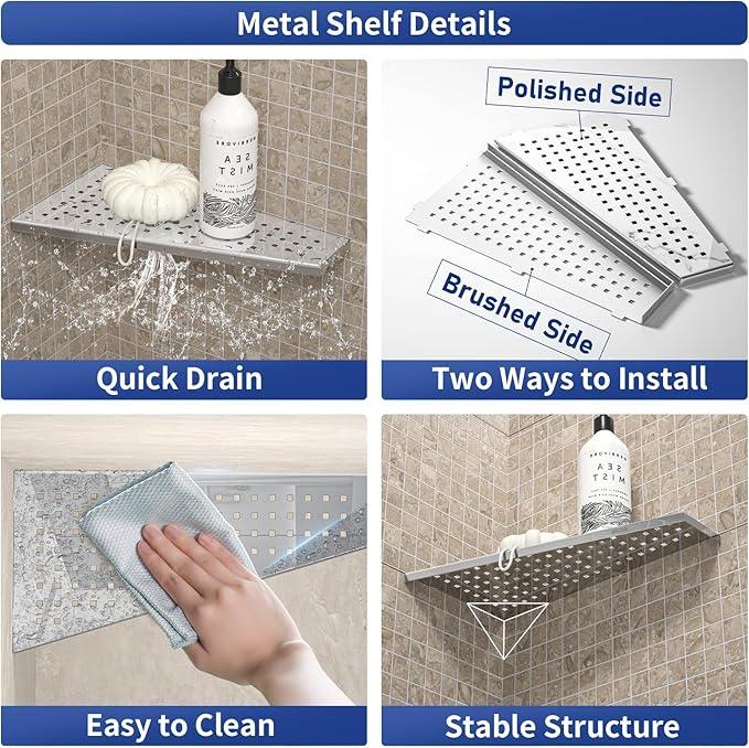 Corner Shower Shelf 12" Polished 304 Stainless Steel Recessed Trapezoid Grout in Shelves with Grid Design Bathroom Shelf Racks for Tiled Wall, 2 Pack - ModernBath