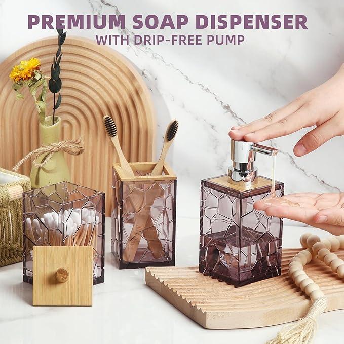 GAHEFY Lavender Purple Bathroom Accessories Set, Toothbrush Holder, Soap Dispenser, Cotton Swabs Holder, Soap Dish, Toilet Brush with Holder, Bamboo Bathroom Decor,Acrylic (Purple) - ModernBath