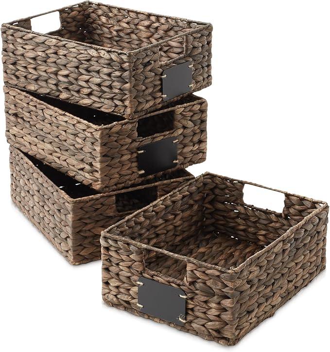 Casafield Set of 4 Water Hyacinth Pantry Baskets, 10" x 13" x 5", with Chalkboard Labels and Chalk Marker - Espresso, Woven Storage Bin Organizers for Kitchen Shelves - ModernBath