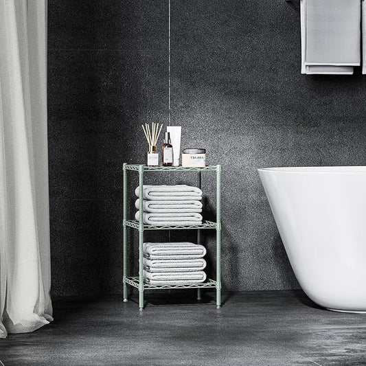 M MZG 750 lbs 3-Shelf Storage Shelves Wire Shelving Unit Standing Metal Rack for Small Places Narrow Wire Rack for Bathroom, Green 13.8 D x 13.8" W x 25.5" H