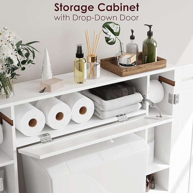 Over The Toilet Storage Cabinet, Bathroom Space Saver with Paper Holder and Adjustable Shelves, Freestanding Toilet Cabinet Organizer with 2 Side Doors and Pull-Down Door, White - ModernBath