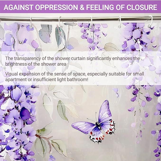 Clear Purple Floral Lavender Butterfly Shower Curtain, Plastic Transparent Cute Pretty Flower Decorative Aesthetic Shower Curtains for Bathroom, 72x72 Weighted Magnetic Shower Curtain Liner with Hooks - ModernBath