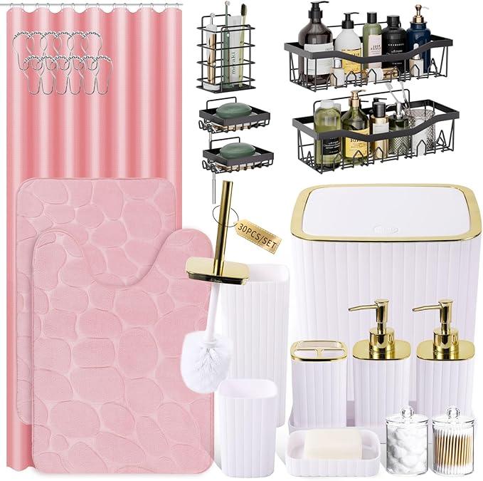 XLHOMO Bathroom Accessories Set - 30PC Gorgeous White Bathroom Set, Bathroom Accessory Set, Pink Shower Curtain Set with Shower Caddies, Soap Dish & Trash Can - ModernBath