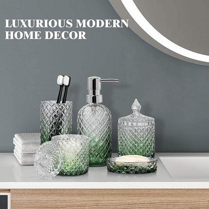 Ulable Bathroom Accessories Set, 5Pcs Bathroom Soap Dispenser Set, Glass Bathroom Accessories with Glass Soap Dispenser, Soap Dish, Toothbrush Holder, Tumbler, Cotton Swab Jar (Gradient Clear & Green) - ModernBath