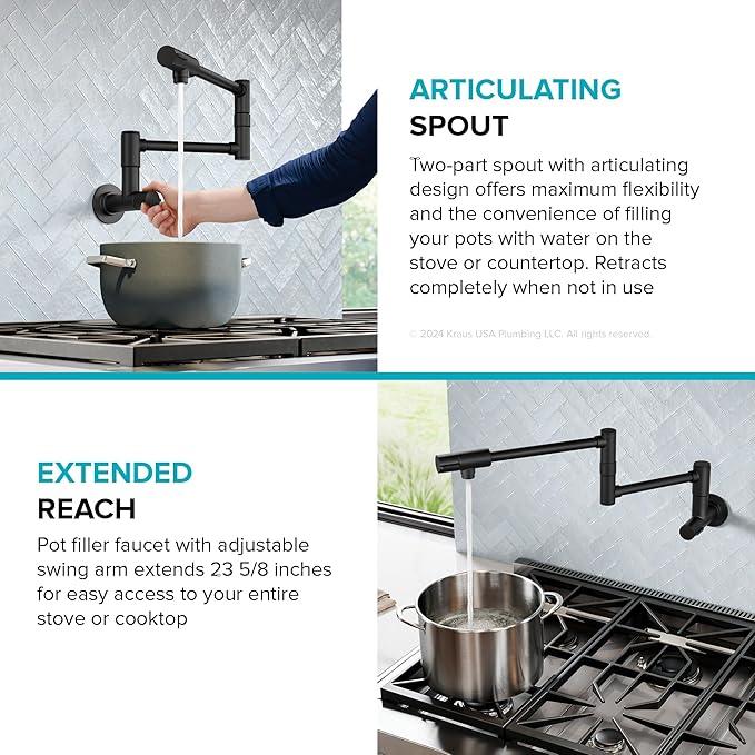 KRAUS Bolden 2 Handle Pot Filler Faucet with Retractable Arm, Wall Mount Kitchen Faucet, Pot Filler for Over Stove in Matte Black, KPF-5003MB - ModernBath