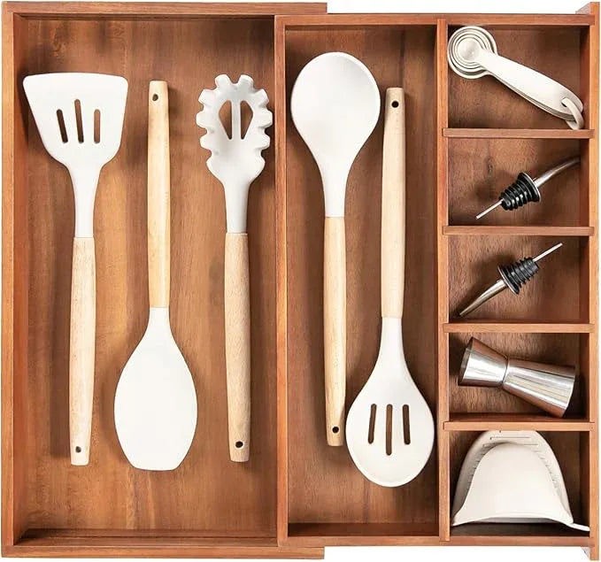 KitchenEdge Adjustable Kitchen Drawer Organizer for Utensils and Junk, Food-Safe Contract Grade with 100% Sustainable Wood, Non-Slip, Expandable from 10.5 to 18.5 Inches Wide - Natural Acacia - ModernBath