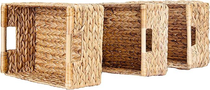 Large Wicker Basket Rectangular with Wooden Handles for Shelves, Water Hyacinth Basket Storage, Natural Baskets for Organizing, Wicker Baskets for Storage 14.5 x 10.3 x 7.5 inches - 3 Pack - ModernBath