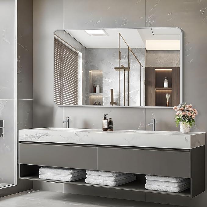 CIVENO 48x30 Inch Silver Bathroom Mirror, Metal Framed Silver Rectangle Mirrors, Rounded Rectangular Vanity Mirror, Wall Mounted Mirrors for Living Room Bedroom Entryway Hangs Horizontal or Vertical - ModernBath