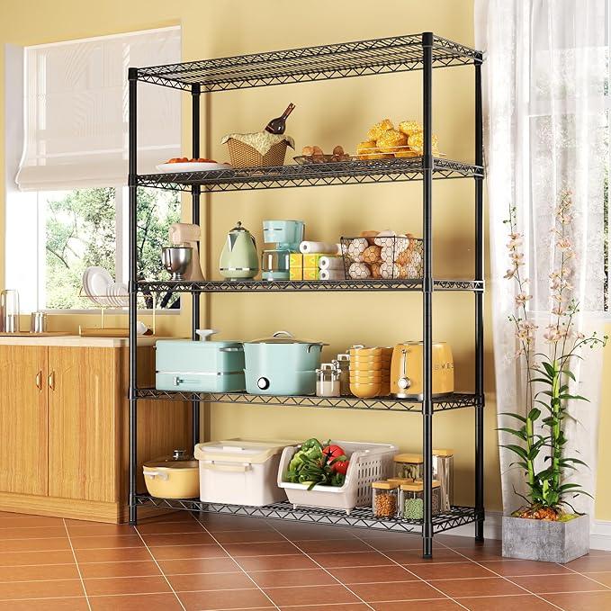 SINGAYE 5 Adjustable Heavy Duty Garage Shelving Wire Shelves Metal Standing Units Bathroom Organizers and Storage Shelf Closet Metal Pantry Kitchen 18" DX46 WX77 H Black - ModernBath