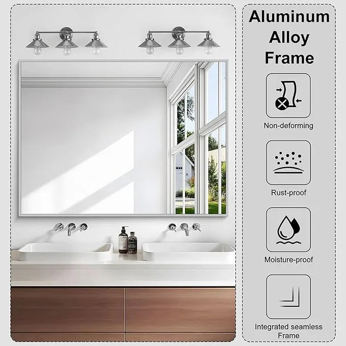KOCUUY Silver Bathroom Mirror, 48"x36" Large Rectangle Bathroom Mirror for Wall, HD Tempered Glass, Anti-Rust Brushed Silver Frame, Modern Design for Bathroom, Bedroom, Hang Horizontal/Vertical - ModernBath