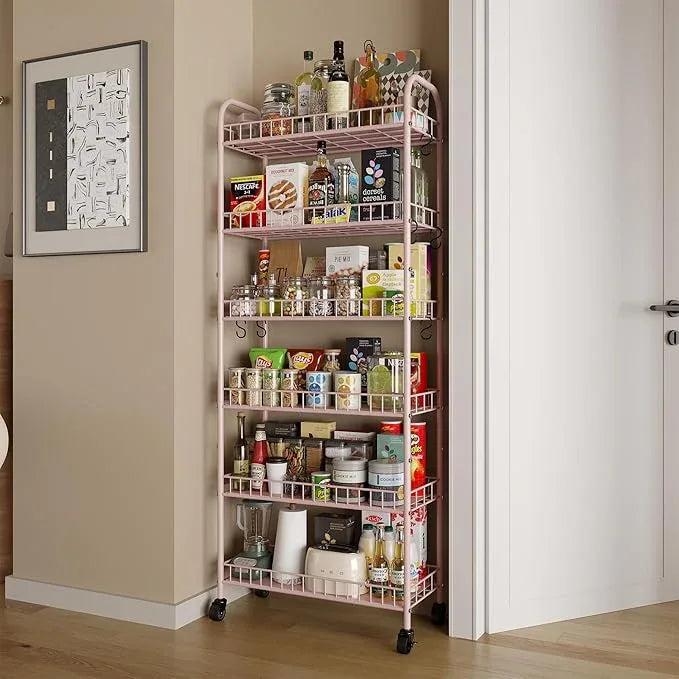 6 Tier Slim Rolling Storage Cart with Wheels, Metal Mobile Shelving Unit Organizer Utility Cart for Office Bathroom Kitchen Laundry Room Narrow Places (Pink 10 Inches) - ModernBath