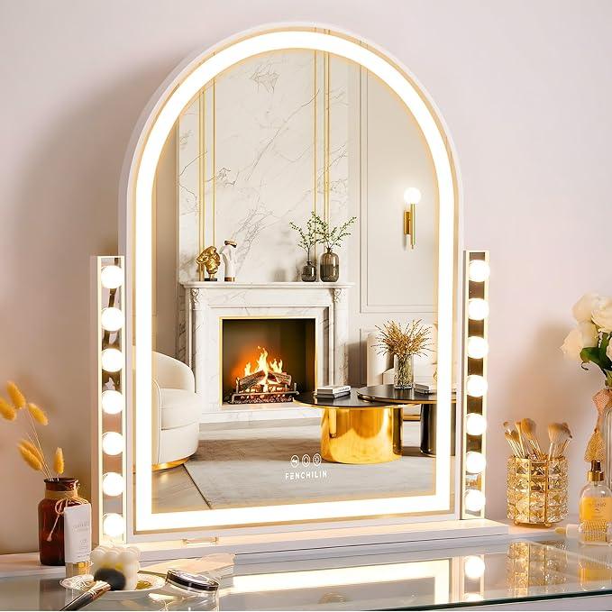 FENCHILIN Arched Vanity Mirror with Lights, 32“ x 26" LED Makeup Hollywood Vanity Mirror with 14 Dimmable Bulbs& LED Strip Smart Touch Control Detachable 10X Magnification White - ModernBath