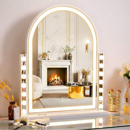 FENCHILIN Arched Vanity Mirror with Lights, 32“ x 26" LED Makeup Hollywood Vanity Mirror with 14 Dimmable Bulbs& LED Strip Smart Touch Control Detachable 10X Magnification White - ModernBath