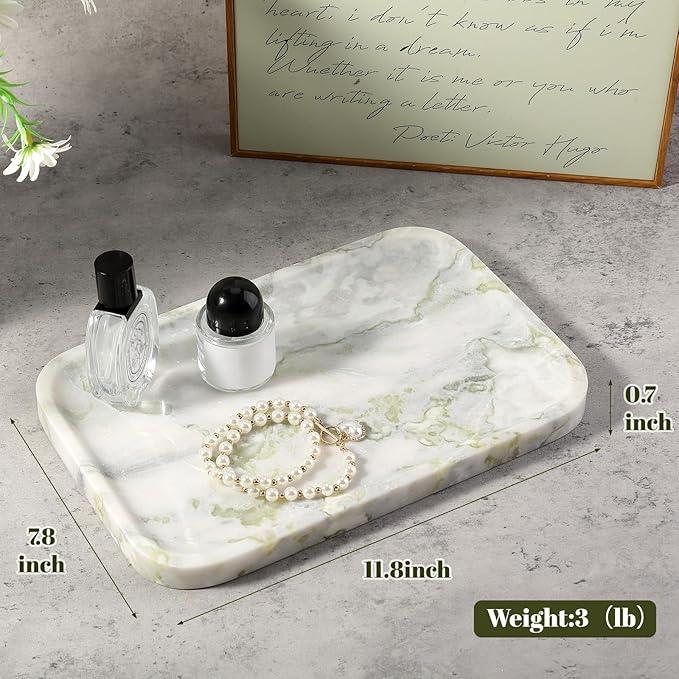 Karibiber Luxury Marble Vanity Tray, Bathroom Tray Countertop, Bianco Marble/Stone, Home Decorative Dresser Organizer, Storage for Kitchen Sink, Perfume Jewelry Holder(Green&White) - ModernBath