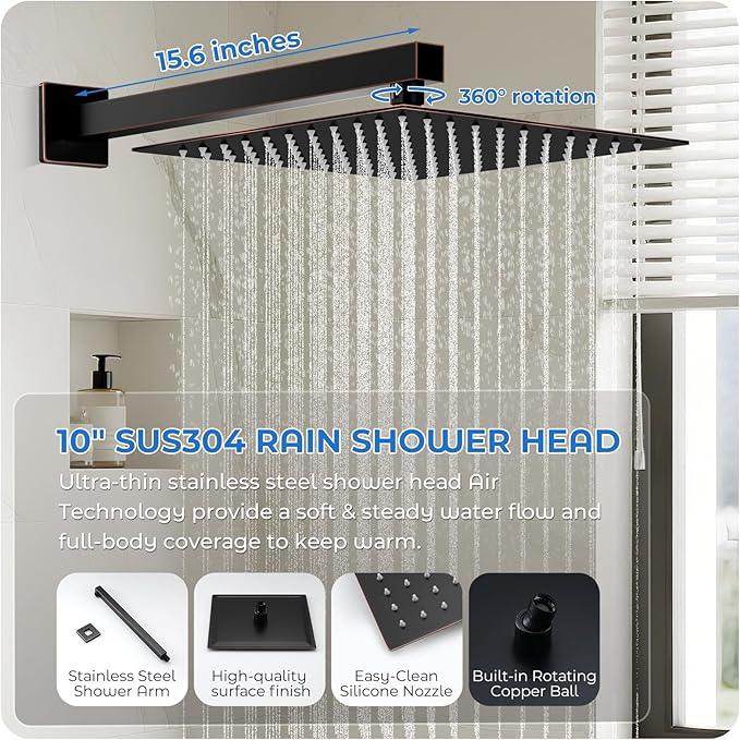 RNDIOZD ORB Shower Faucet Set, 10 inch Rain Shower System with Pressure Balance Valve, Wall Mounted 2-Functions Bathroom Shower Systems with Rain Shower and Handheld Spray Shower Trim Included - ModernBath