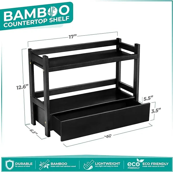 Sorbus Bamboo Bathroom Counter Organizer – 2-Tier Shelf with Hidden Drawer for Vanity, Matcha Station, Bathroom Sink Organizer Countertop, Kitchen & Office Storage (17″ L x 6.5″ W x 12.6″ H) (Black) - ModernBath