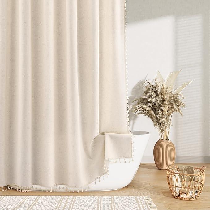 Nanspring Beige Boho Linen Shower Curtain 72 Inch Cute Tassel Natural Boho Vintage Rustic Fabric Bath Curtain Set with Hooks Neutral Farmhouse Country Elegant Shower Curtain for Bathroom 72x72, Beige - ModernBath