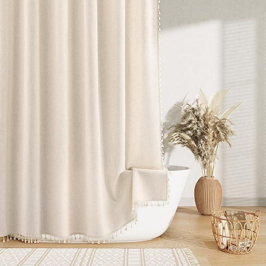 Nanspring Extra Long Beige Boho Linen Shower Curtain 90 Inch Faux Textured Weighted Exquisite Tassel Farmhouse Fabric Bath Curtain Set with Hooks Modern Rustic Shower Curtain for Bathroom 72x90 - ModernBath