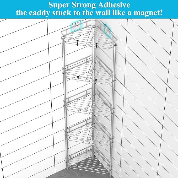 5 Tier Floor Standing Corner Shower Caddy Organizer Shelf with Hooks, Bathroom Shelves Stand Rack, Gray - ModernBath