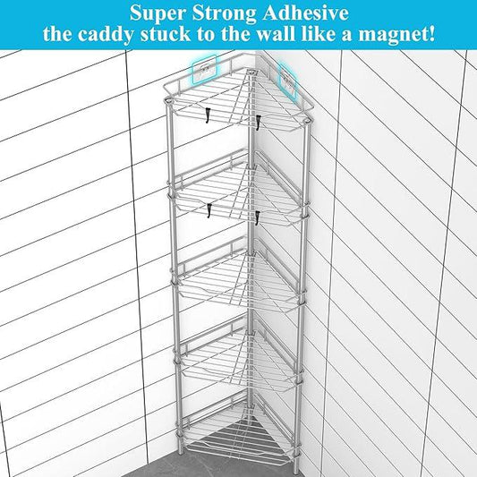 5 Tier Floor Standing Corner Shower Caddy Organizer Shelf with Hooks, Bathroom Shelves Stand Rack, Gray - ModernBath