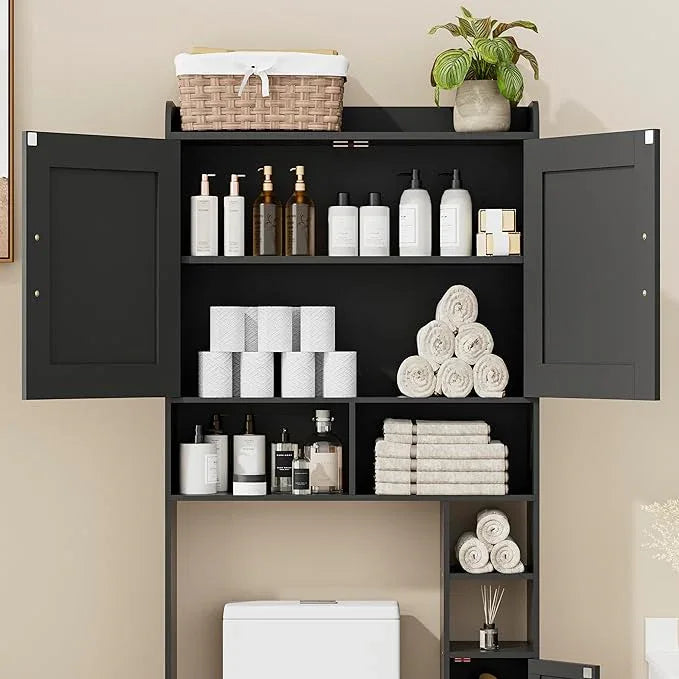 Homhedy Over The Toilet Storage Cabinet with 2 Barn Door and Toilet Paper Holder Stand, FreeStanding Toilet Shelf Space Saver, for Bathroom, Restroom, Laundry, Black - ModernBath