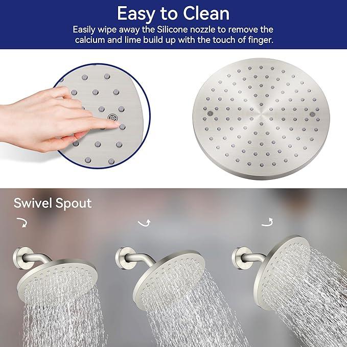 Lavatrum Brush Nickel Shower Head and Handle Set Single Spray Premium Wall Mount 8 Inch Rainfall Round Shower Faucet with Rough-in Valve and Trim Kit for Bathroom（1.8GPM) - ModernBath