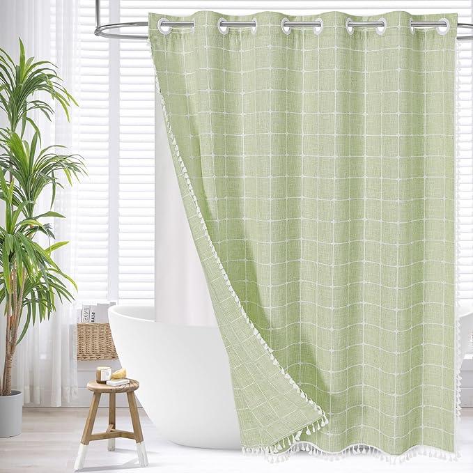 MitoVilla No Hooks Needed Boho Farmhouse Shower Curtain with Snap-in Liner, Cotton Linen Fabric Shower Curtains with Tassels for Rustic Neutral Bathroom Decor, Sage Green, 72 x 74 - ModernBath