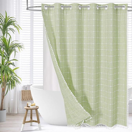 MitoVilla No Hooks Needed Boho Farmhouse Shower Curtain with Snap-in Liner, Cotton Linen Fabric Shower Curtains with Tassels for Rustic Neutral Bathroom Decor, Sage Green, 72 x 74 - ModernBath