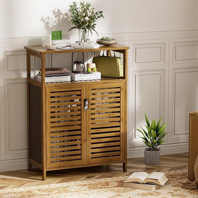 HITNET Walnut Bathroom Floor Cabinet, Bamboo Side Tall Storage Organizer, Freestanding Kitchen Cupboard with Door and Shelf - ModernBath