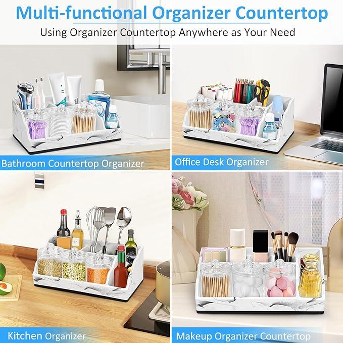 MSBRCH Bathroom Organizer Countertop, White Marble Toothbrush Holders for Bathrooms with 3PCS Qtip Holder Dispenser, Toothbrush and Toothpaste Holder for Bathroom Counter Organization Storage Vanity - ModernBath